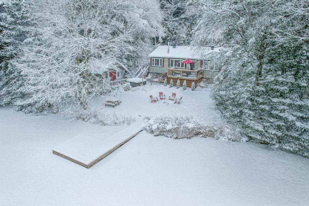 an aerial view of a house in the snow at Chalet du Domaine Spa privé et lac in Saint Adolphe D'Howard