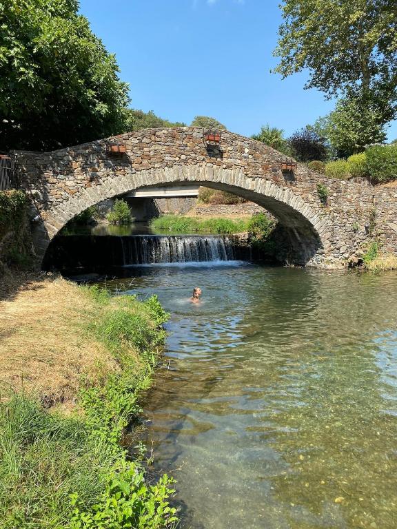 a person swimming in a river under a bridge at Agréable petite maison rustique in Saint-Geniès-de-Varensal