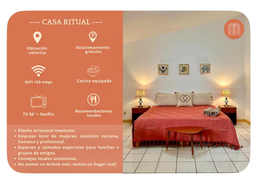 a sign for a room with a bed in a room at Casa Ritual in Oaxaca City