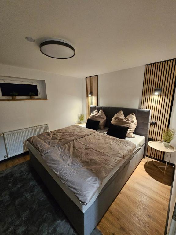 a bedroom with a large bed in a room at harmonische 2-Zimmer Ferienwohnung in Nörten-Hardenberg