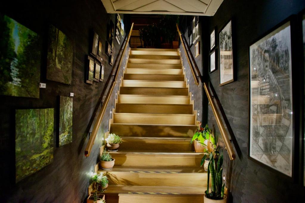 a staircase with potted plants in a hallway at Casa Mosaiko Sonsón in Sonsón