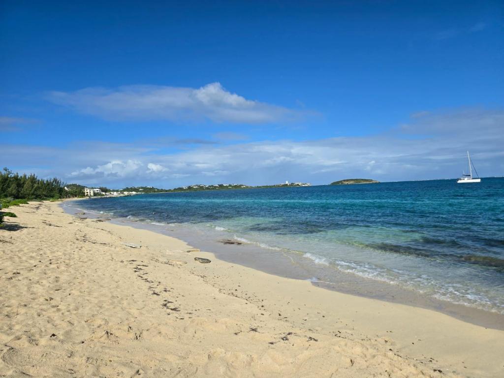 a sandy beach with a boat in the water at Beach Front Apartment & Car Rental in Baie Nettle