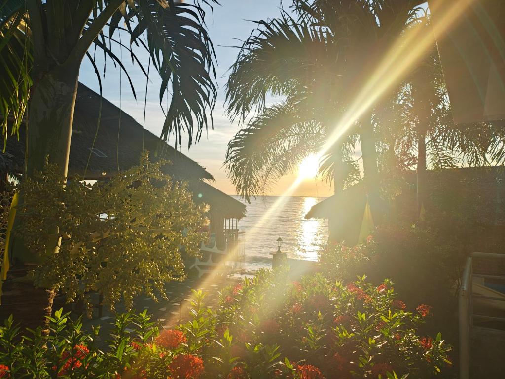 a sun shining on a body of water with palm trees at Satosa Beach Resort in San Joaquin
