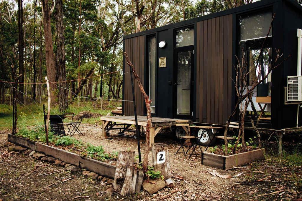 uma casinha preta no meio da floresta em Solitary Islands Farm 2 by Tiny Away em Arrawarra