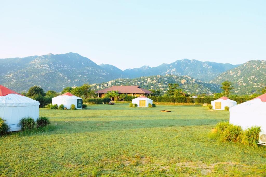 Tanyoli Resort في فان رانغ: مجموعة من الخيام في حقل مع جبال في الخلفية