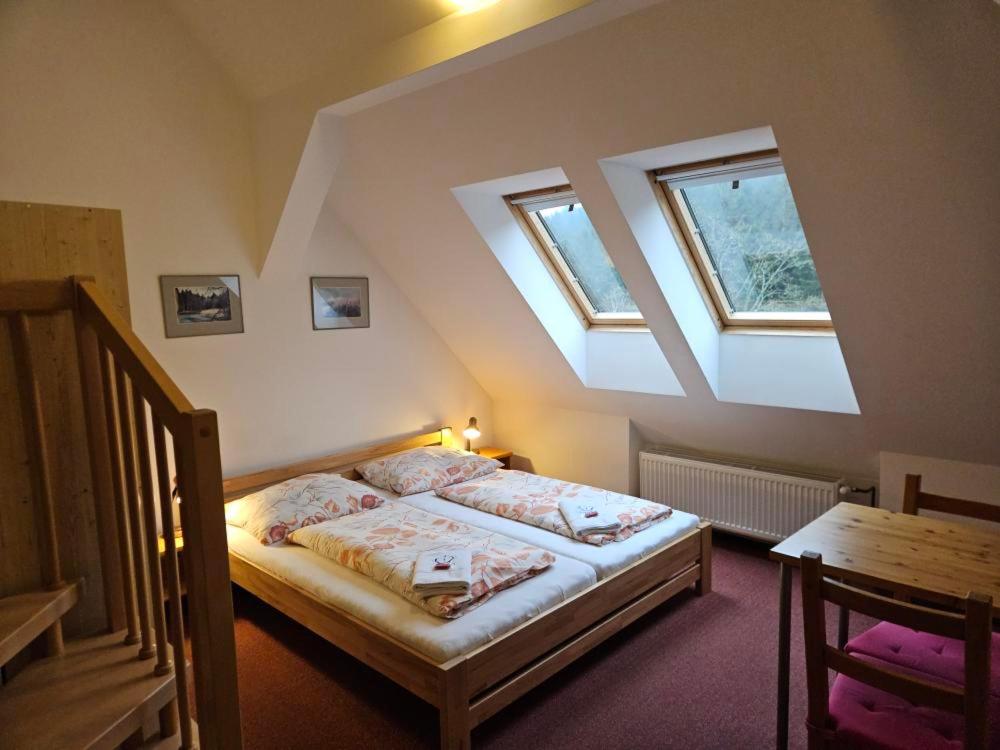 a bedroom with a bed with two windows and a table at Marianum JL,s.r.o. in Janske Lazne
