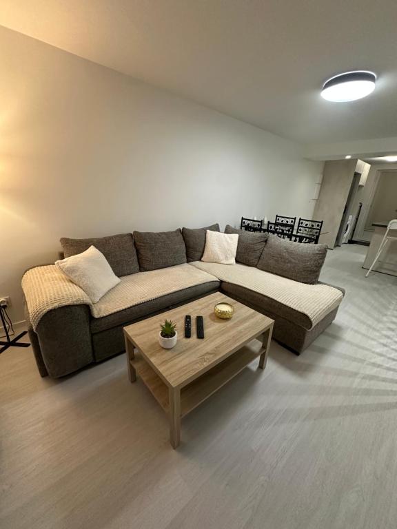 a living room with a couch and a coffee table at Appartement cosy 2 chambres in Jougne