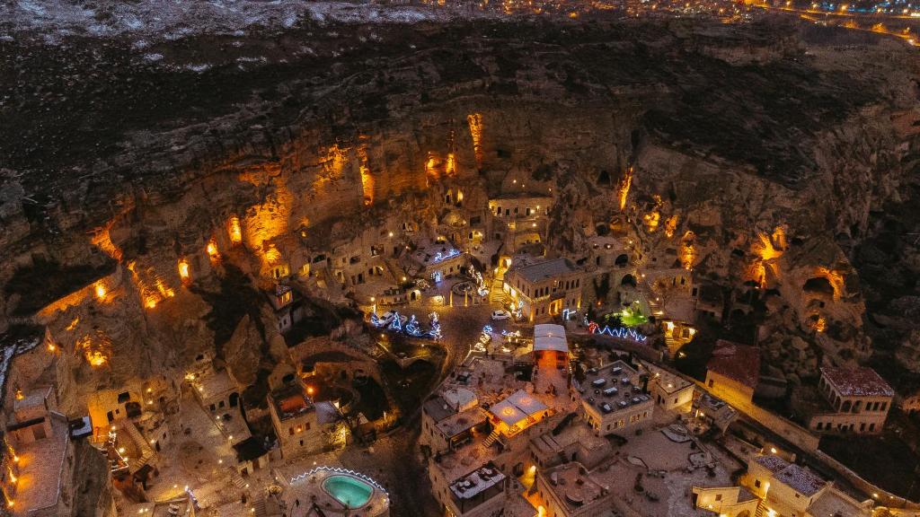 an aerial view of a city at night at Yunak Evleri Cappadocia in Ürgüp