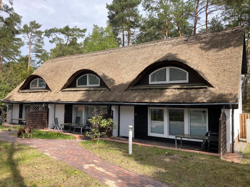 a black and white house with a thatched roof at Inselglück unter Reet 100m zum Strand - Garten & Privatterrasse - Hund willkommen in Karlshagen
