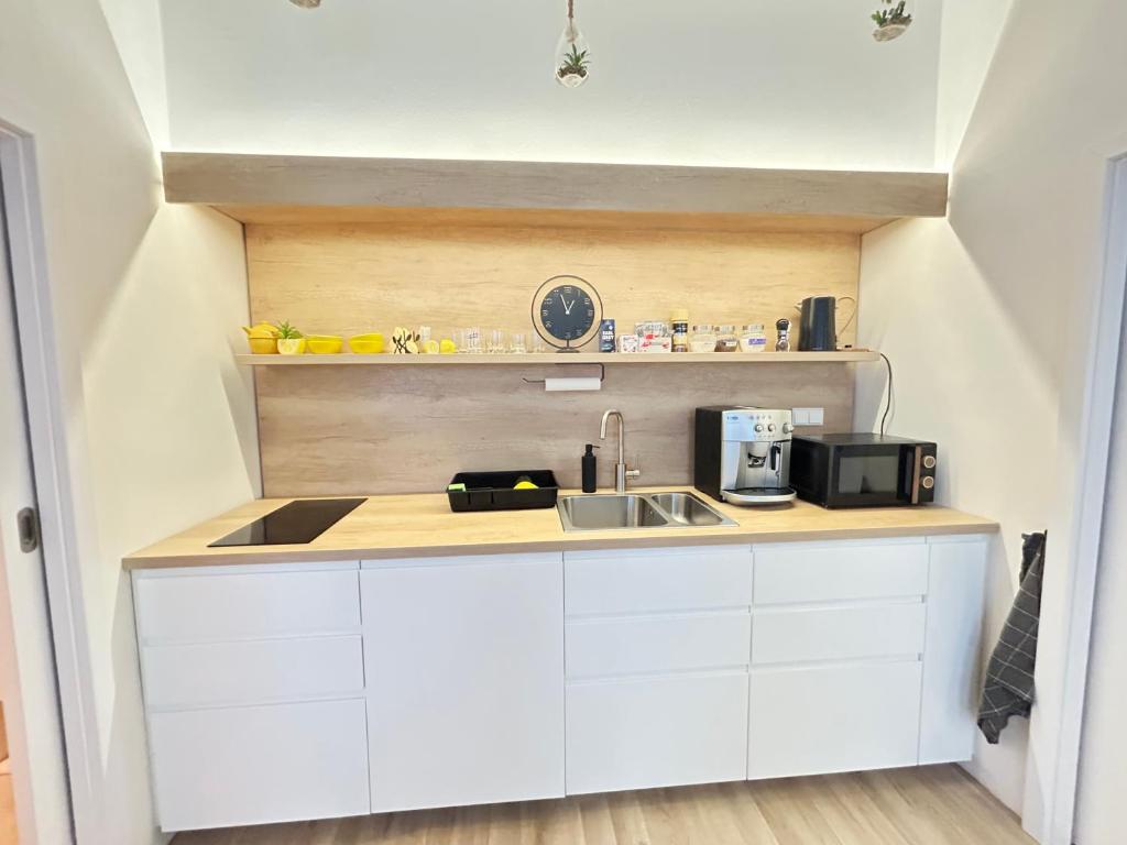 a small kitchen with a sink and a microwave at Ubytování v srdci Písku in Písek