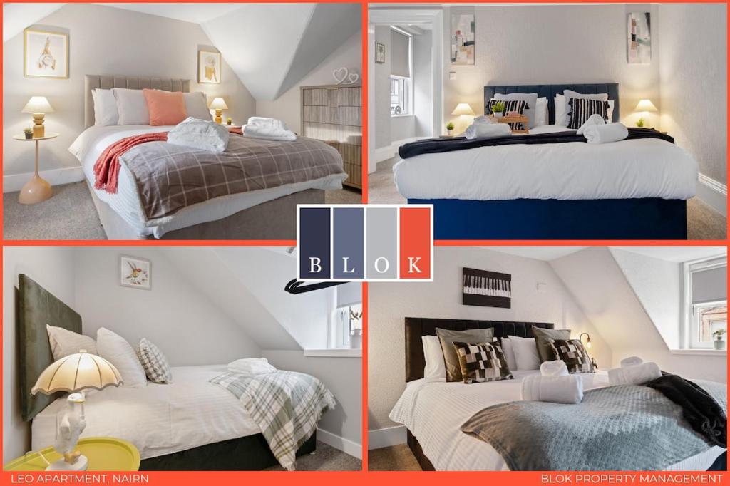 Кровать или кровати в номере Leo Apartment - 4 Bedroom Flat in Nairn