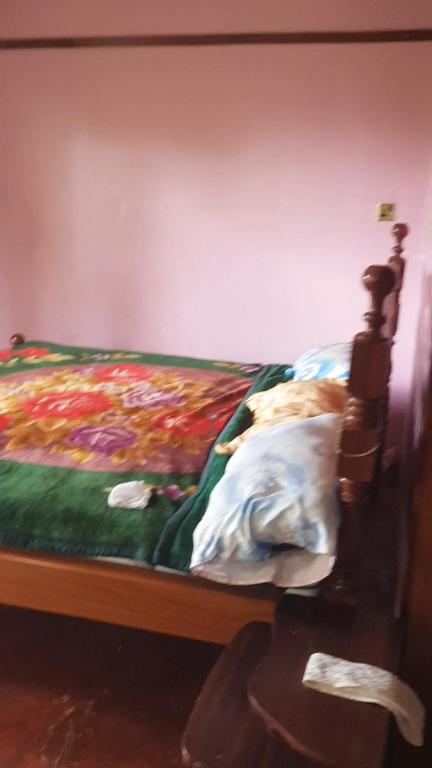 a bedroom with a bed with a bed frame and a bedskirts at La Hacienda in Nairobi