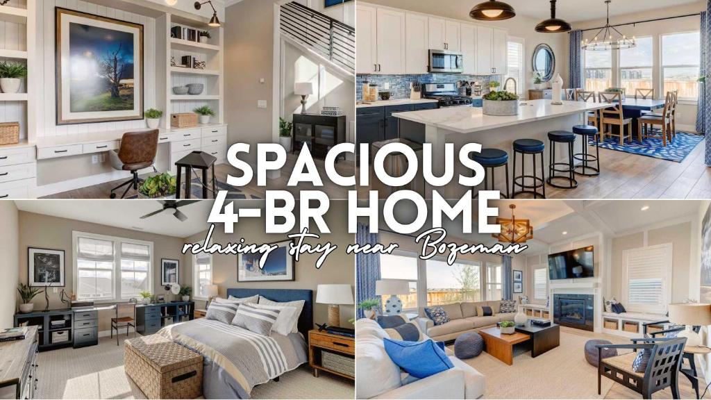 Cozy Montana Escape Near Bozeman & Yellowstone في بلغراد: مجموعة من الصور للمطبخ وغرفة المعيشة
