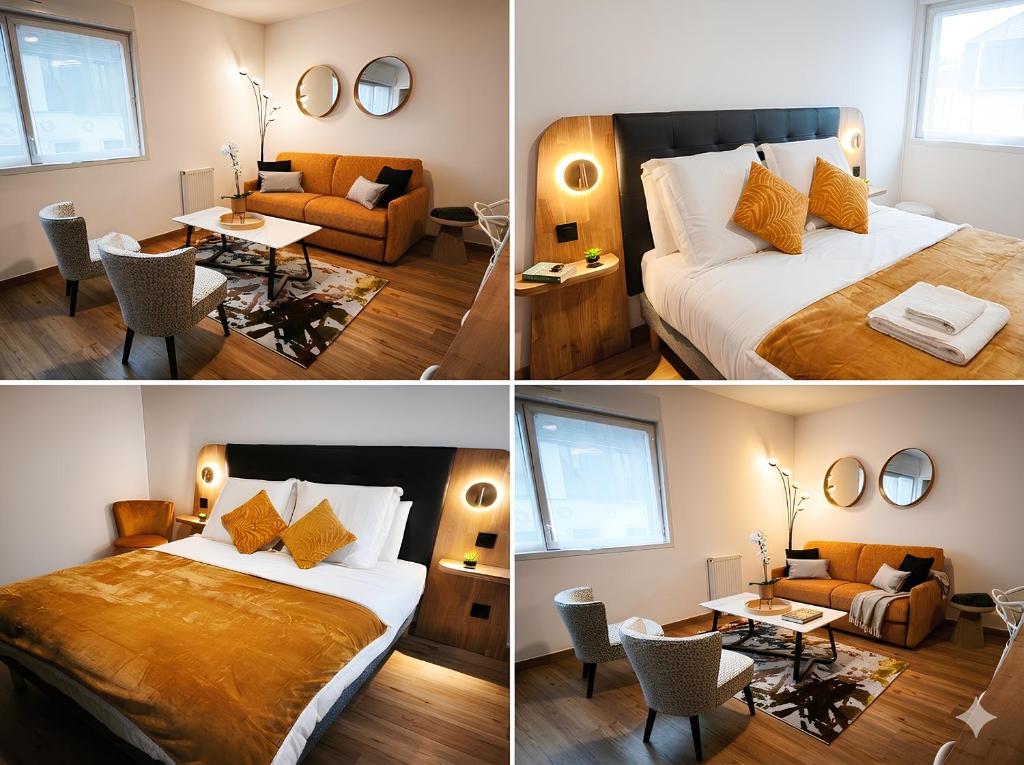 ein Hotelzimmer mit zwei Betten und einer Couch in der Unterkunft Rouen Gare centre Ménage et linge inclus in Rouen