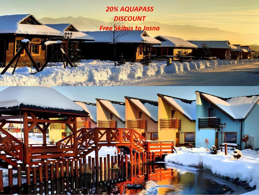 two pictures of a town in the snow at Tatralandia apartment in Liptovský Mikuláš