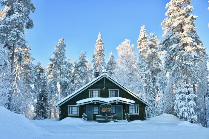una casa nella neve con alberi innevati di Vuokatin Lomakämpät a Sotkamo