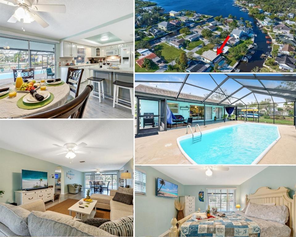 a collage of pictures of a house with a swimming pool at Cozy Oasis Screened Pool Picturesque Water Canal Views! in Port Richey