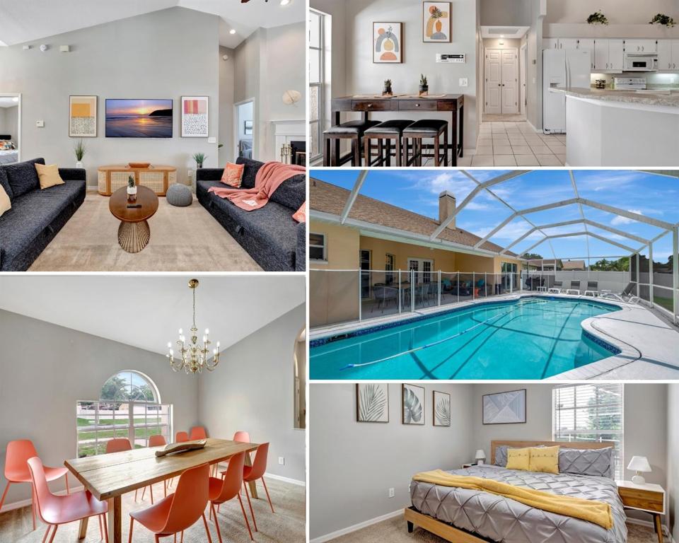 uma colagem de fotos de uma casa com piscina em Pool Waterfront Lake 12 PPL Gorgeous em Riverview