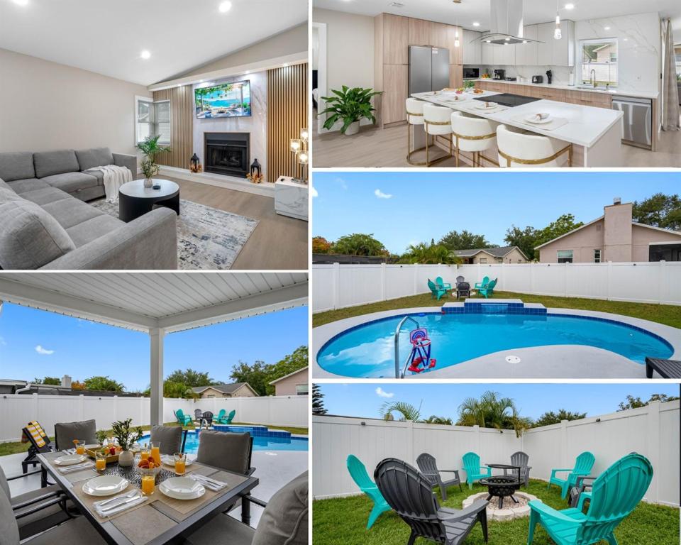 a collage of photos of a house with a swimming pool at Luxe Getaway w Pool, Games & Fun Vibes in Palm Harbor