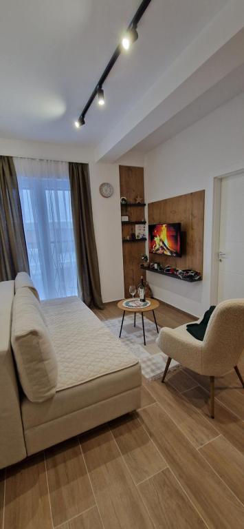 Una sala de estar con un sofá y una chimenea. en Apartman Mali princ Jahorina, en Jahorina