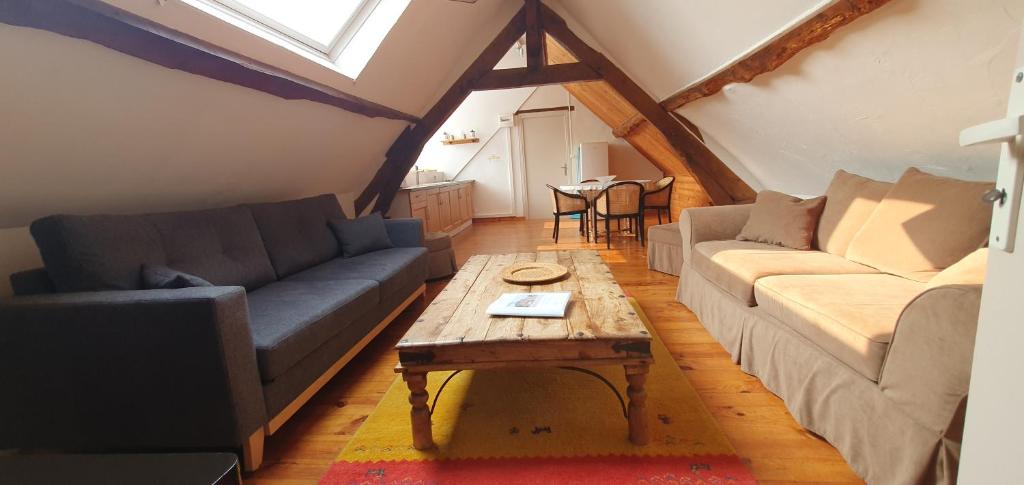 Le Coeur Du Moulin في Saint-Aubin-le-Monial: غرفة معيشة مع أريكتين وطاولة قهوة