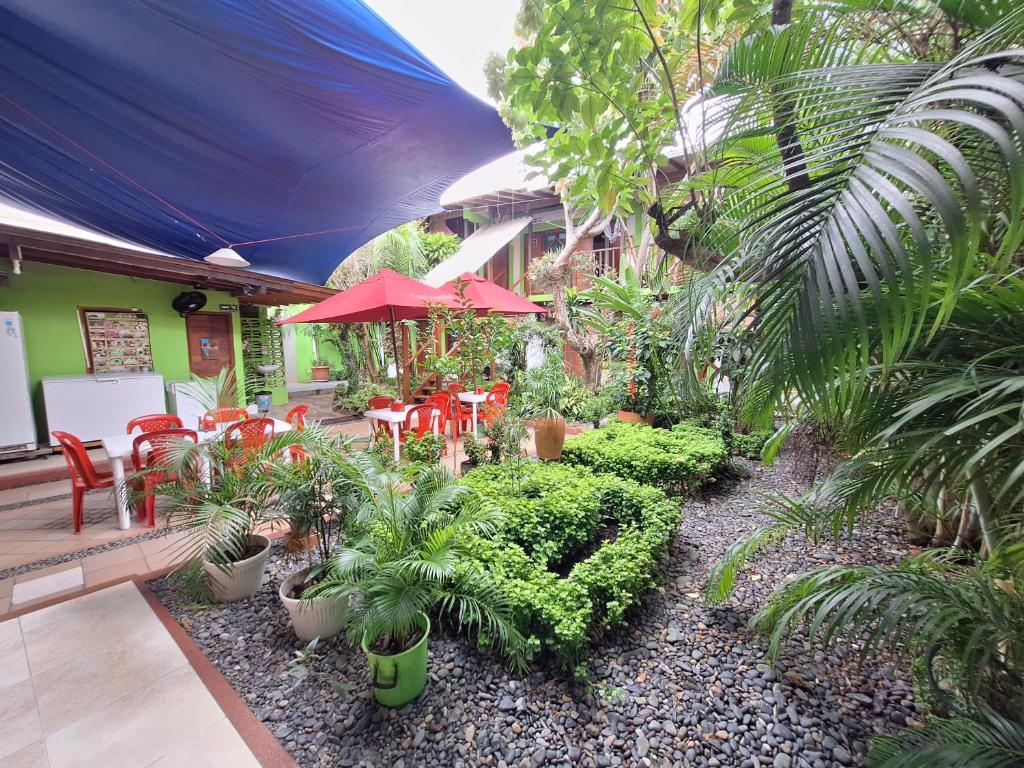 Hostal Capurgana في كابورغانا: فناء به طاولات حمراء وكراسي ونباتات