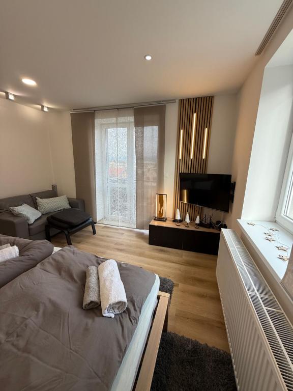 Телевизор и/или развлекательный центр в Plně vybavený krásný apartmán 1kk s balkonem, výhledem