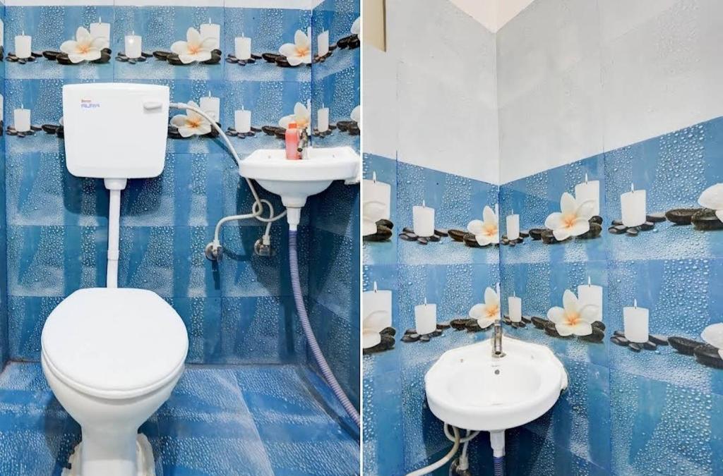 Dos imágenes de un baño con inodoro y lavabo. en Royal inn, en Patna