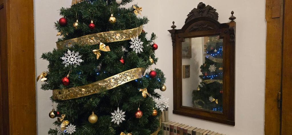 un sapin de Noël dans une pièce à côté d'un miroir dans l'établissement Moods Apartmans, à Szeged