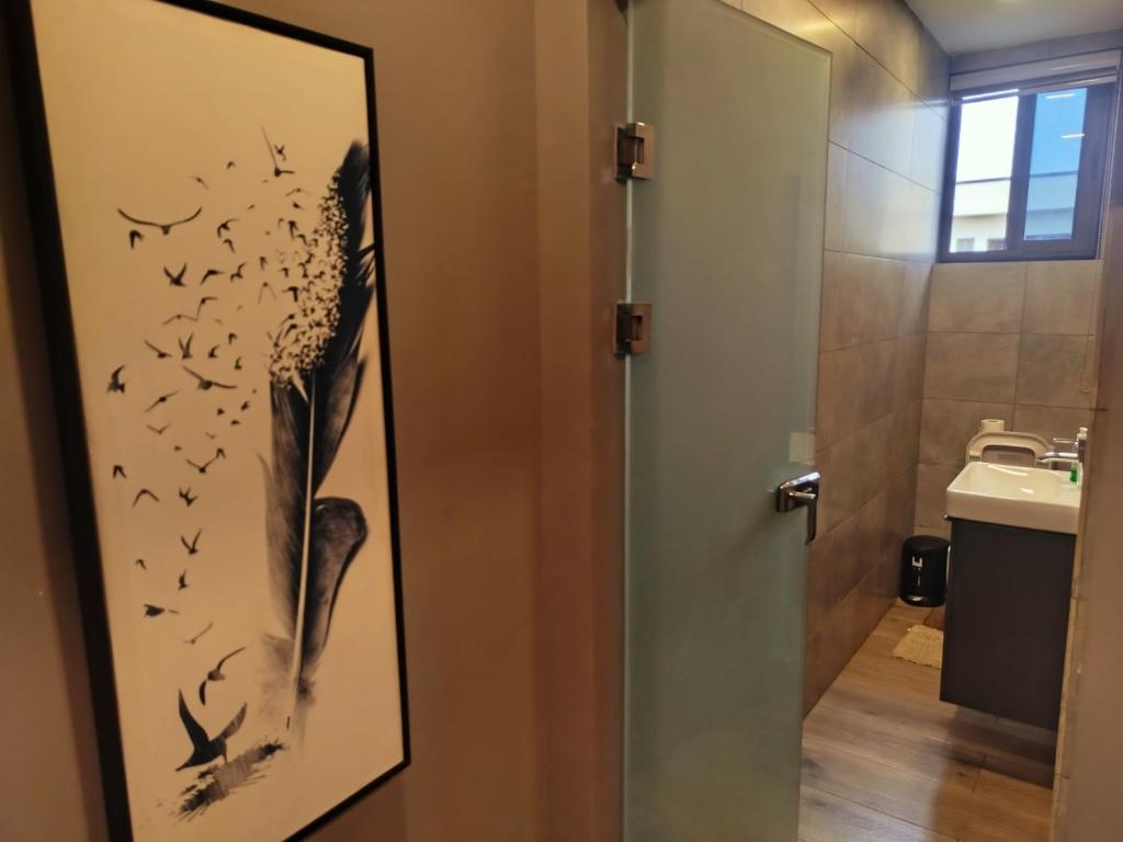 een badkamer met een afbeelding van vliegende vogels bij 1949 Luxury Apartment in Ashalebotwe