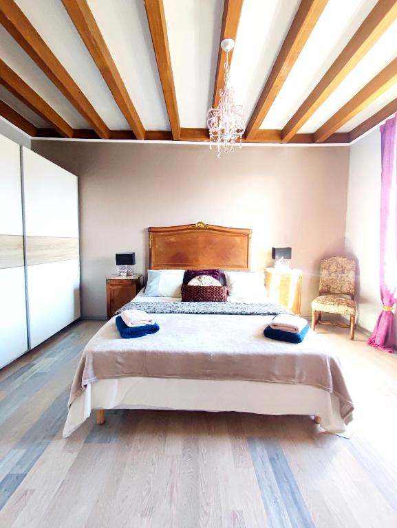 a bedroom with a bed in a room with wooden ceilings at L'Andalouse in Vailly-sur-Sauldre