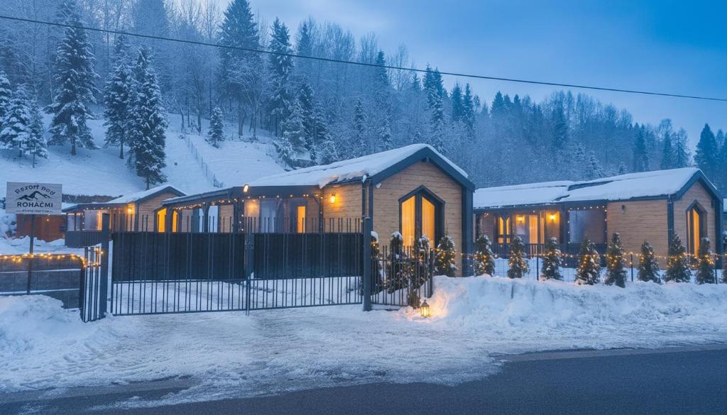 a house in the snow with lights on at Rezort pod Roháčmi in Vitanová