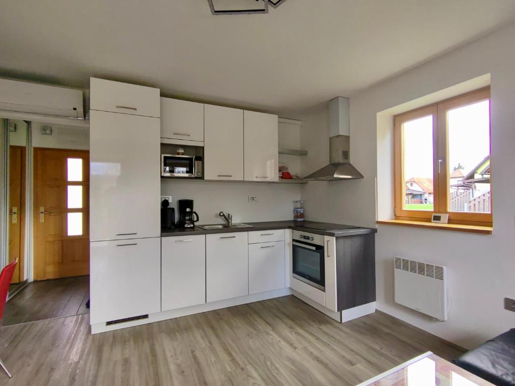 een lege keuken met witte kasten en een raam bij Villa Petz in Brežice