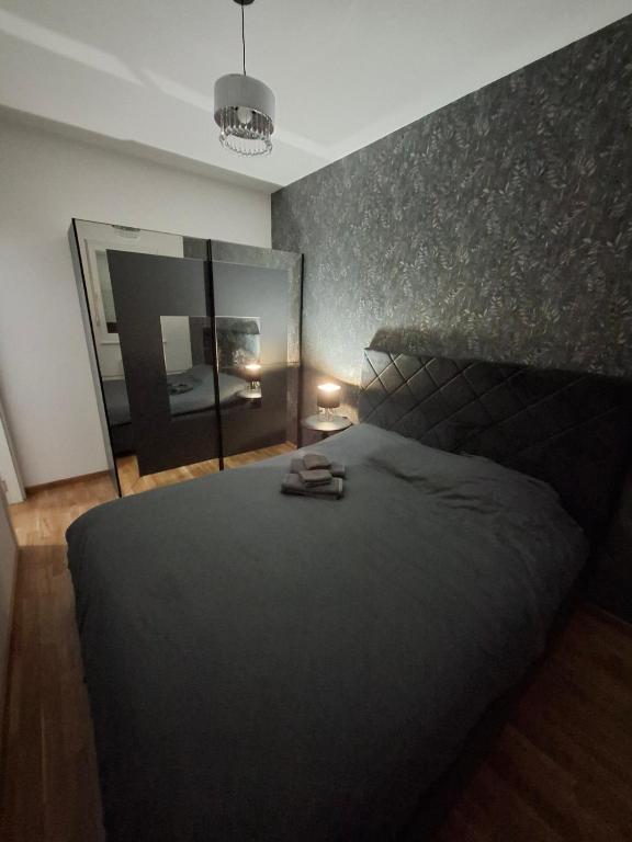 a bedroom with a large bed and a large mirror at Eleon in Novi Sad