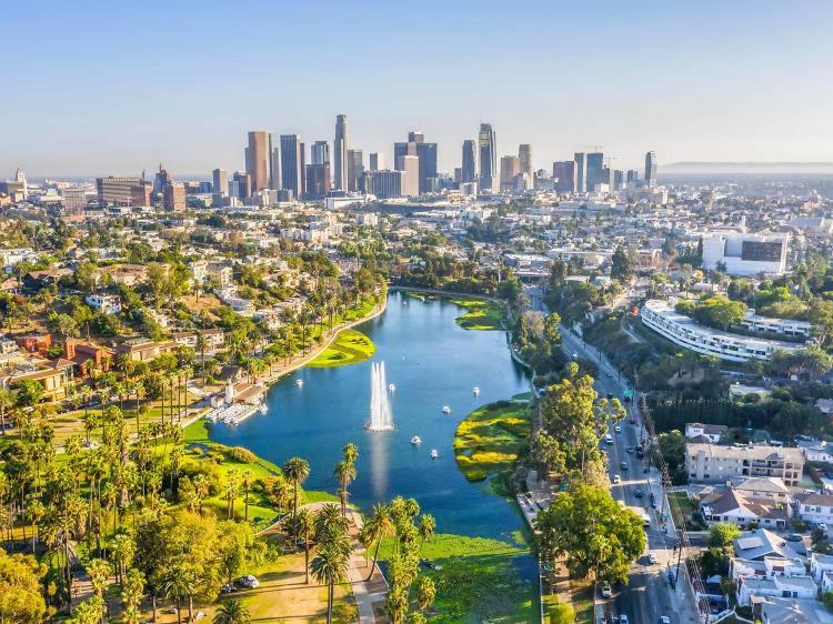 an aerial view of a river with a city at Echo Lake view condo - newly renovated - centrally located in Los Angeles