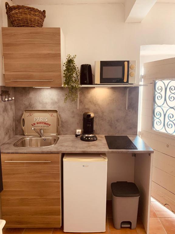 una piccola cucina con lavello e microonde di Medieval Studio St Eloi a Le Castellet