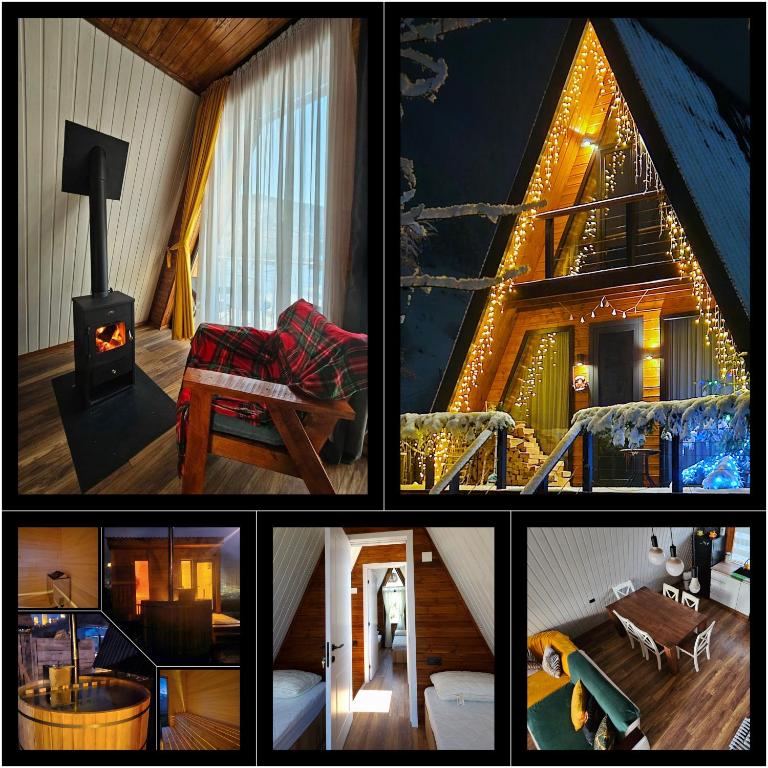 a collage of pictures of a room with a fireplace at B&B Cottages Mestia-Sauna & Hot Tub in Mestia