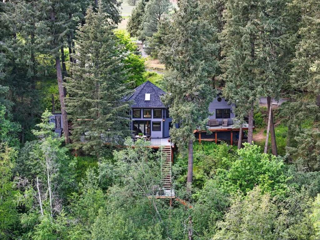 een luchtfoto van een huis in het bos bij Adullam Rustic Cabin in Colbert