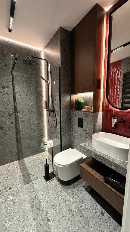 a bathroom with a shower and a toilet and a sink at Apartamenty MOOD HARMONY Garbary 40 in Poznań