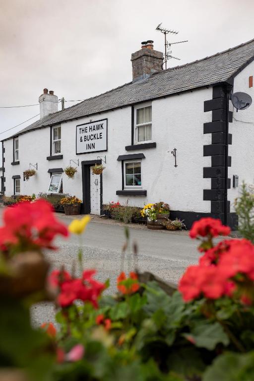 a white building with a sign that reads the hawkcombe inn at The Hawk & Buckle Inn in Llannefydd