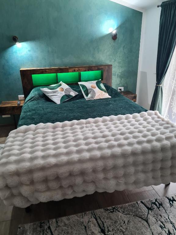 a bedroom with a large bed with green walls at Vila Sebas in Zărneşti
