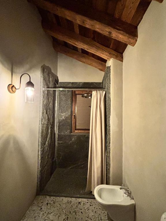 Chalet Valchiavenna في San Cassiano: حمام مع دش ومرحاض ومغسلة