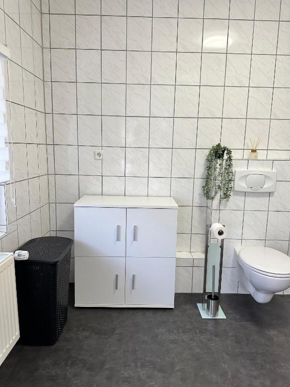 un bagno bianco con un water e un lavandino di Ferienwohnung - An der Oder a Barbis