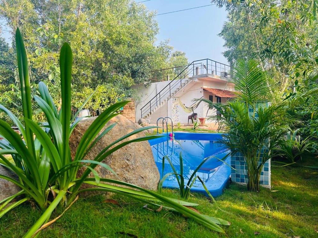 a house with a blue pool in a yard at Cozy haven in Auroville