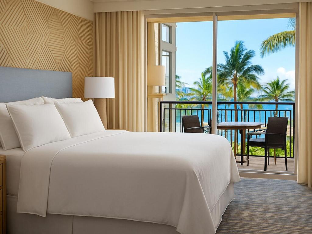 a bedroom with a large white bed and a balcony at The Westin Kāʻanapali Ocean Resort Villas-Ocean Front STUDIO VILLA in Lahaina