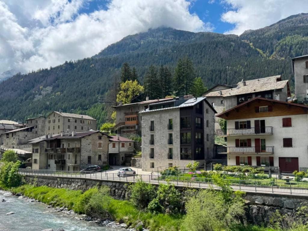 een stad naast een rivier met een brug bij Bormio365 Chalet in Valdisotto