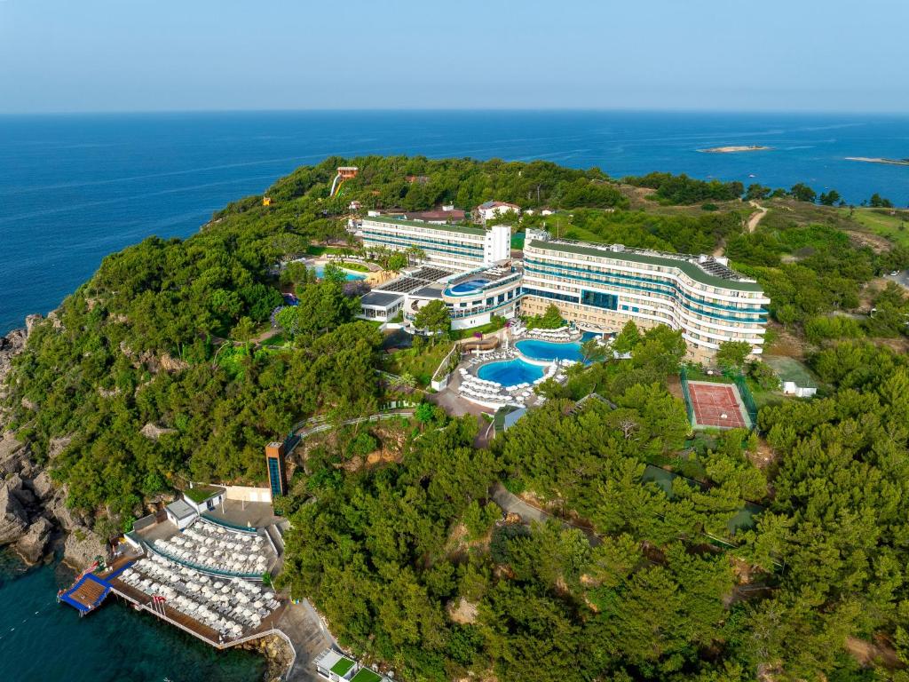 an aerial view of a resort on an island at A Good Life Utopia Family Resort in Alanya