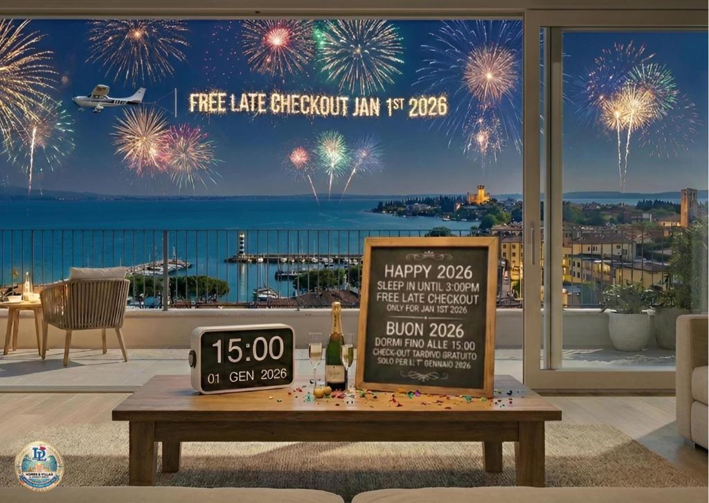 een tafel in een woonkamer met vuurwerk in de lucht bij H2o Green Residence with 3 pools DesenzanoLoft Official Partner Homes & Villas by Marriott Bonvoy in Desenzano del Garda