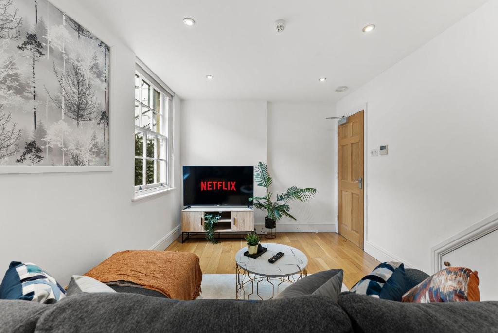a living room with a couch and a tv at Stylish Roman Bath Duplex - The Bridgeton in Bath