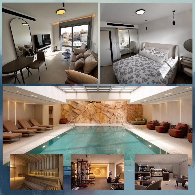 a collage of a hotel room with a swimming pool at נווה ים סוף - מתחם דירות נופש פרימיום באילת in Eilat
